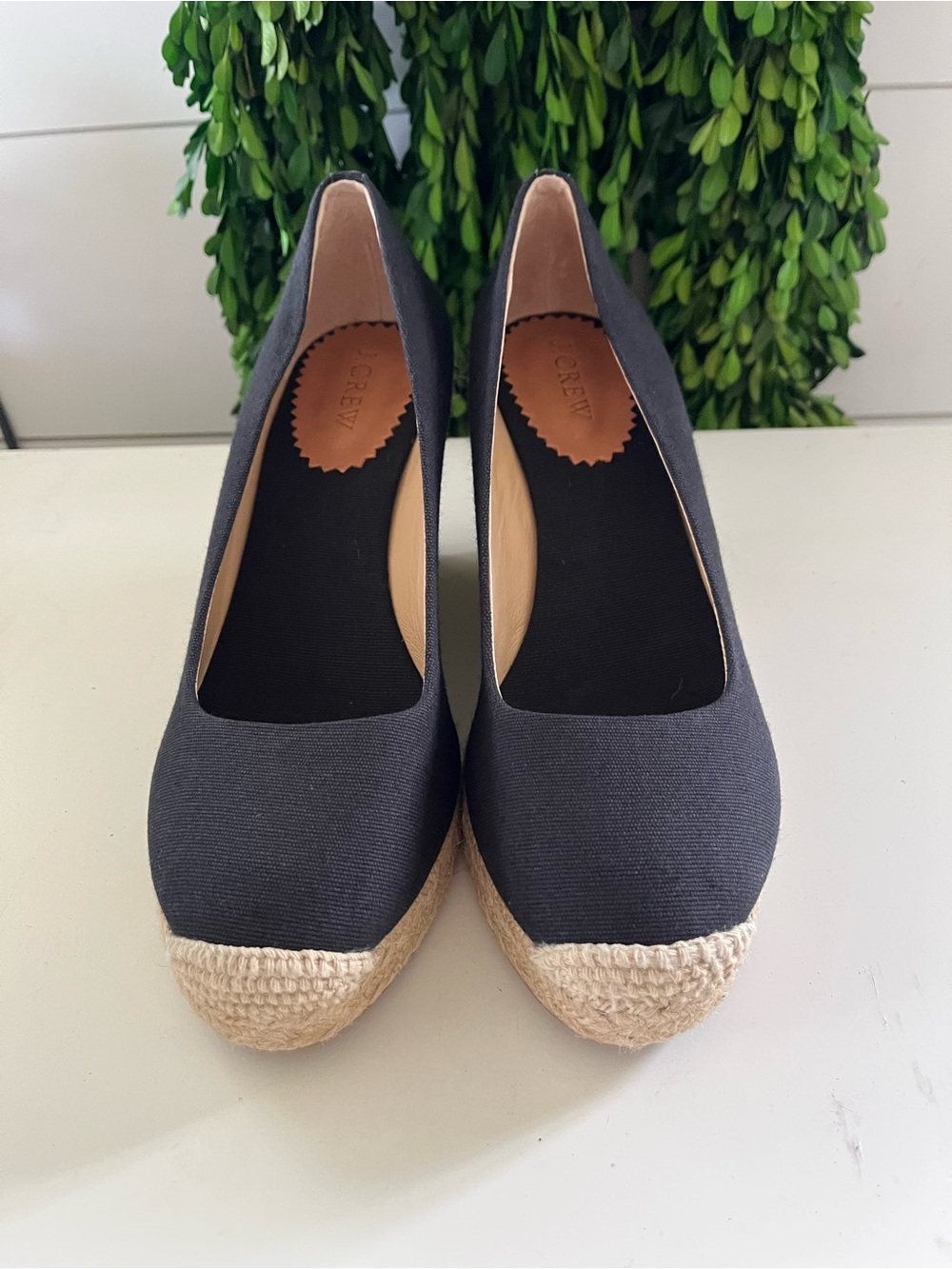 J. Crew Black Canvas Espadrille Wedge Pumps with Jute Trim